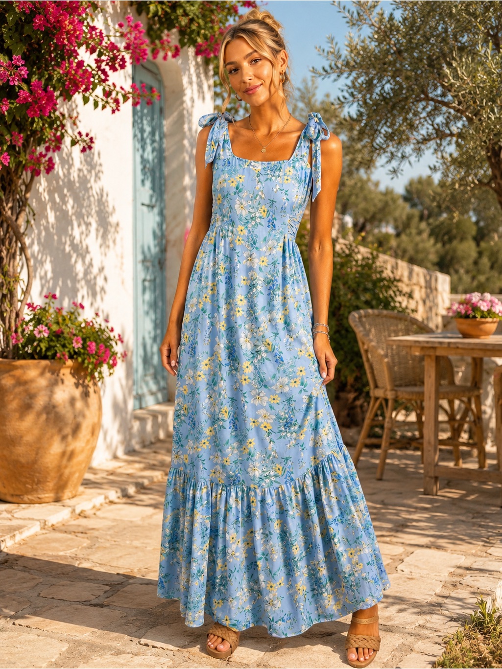 Yumi Kim Rosette Floral Tie Strap Maxi Dress Blue Floral Medium Msrp $245
